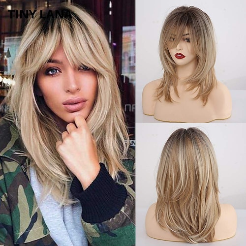 

Long Curly Blonde Women's Wigs Shoulder-Length Synthetic Wigs for Women with Bangs 18 Inch Dark Root Light-Blonde Hair Wigs for White Women