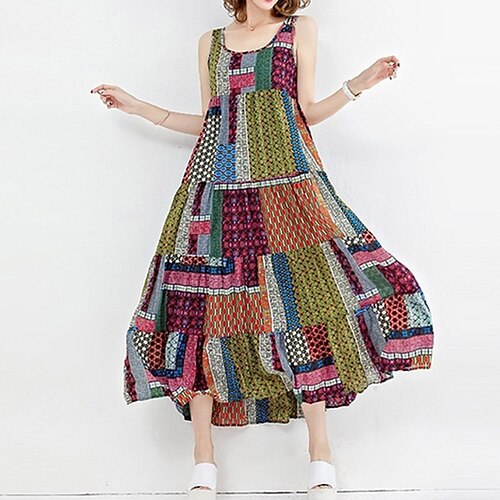 

Women's Casual Dress Swing Dress Strap Dress Midi Dress Red Blue Green Sleeveless Geometric Print Spring Summer Crew Neck Boho Weekend 2023 L XL XXL 3XL 4XL 5XL