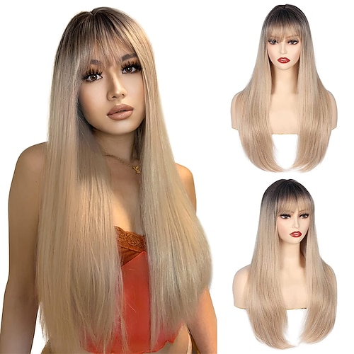 

Blonde Wig Long Straight Wig with Bangs 24 Inch Natural Synthetic Wigs Suitable for Daily Party