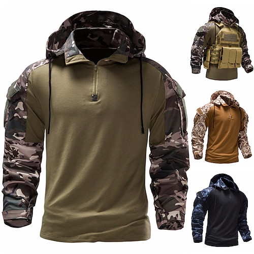 

Men's Tactical Military Shirts 1/4 Zip Long Sleeve Shirt with Pockets Detachable Cap Camouflage Shirt Hunting Uniform Cargo Pullover Outdoor T-Shirt Army Combat Golf Shirts