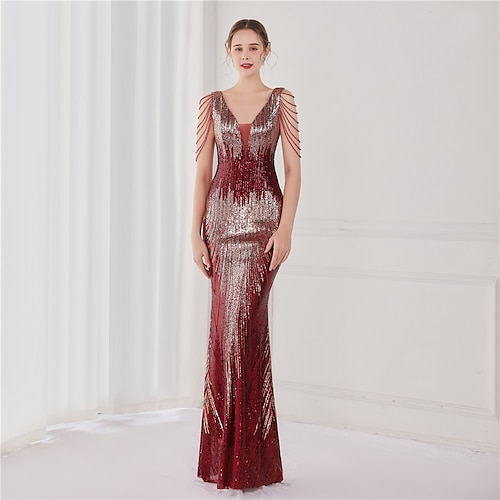 

Mermaid / Trumpet Evening Dresses Elegant Dress Wedding Guest Floor Length Sleeveless V Neck Sequined V Back with Sequin 2022 / Formal Evening