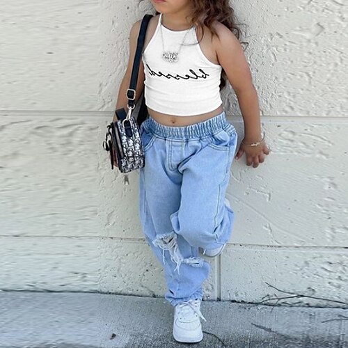 

2 Pieces Kids Girls' T-shirt & Pants PantsSet Outfit Solid Color Cotton Set Cute Cool Daily Spring Summer Black Pink White