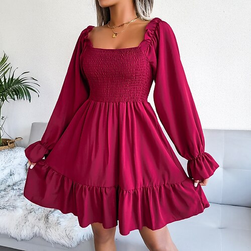 

Women's Casual Dress Swing Dress Black Wine Khaki Long Sleeve Pure Color Ruffle Winter Fall Autumn Square Neck Basic Winter Dress Weekend Fall Dress 2022 S M L XL