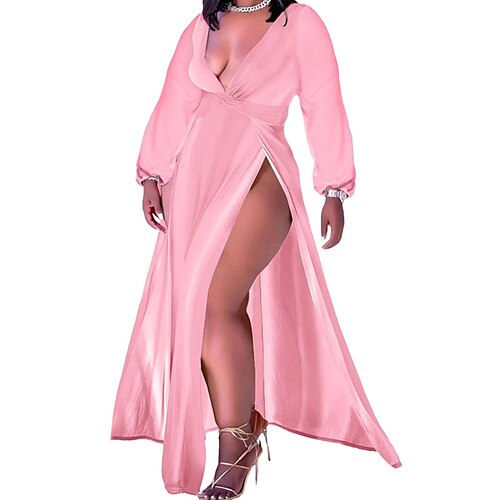 

Women's Plus Size Holiday Dress Solid Color V Neck Split Long Sleeve Fall Spring Sexy Maxi long Dress Daily Vacation Dress