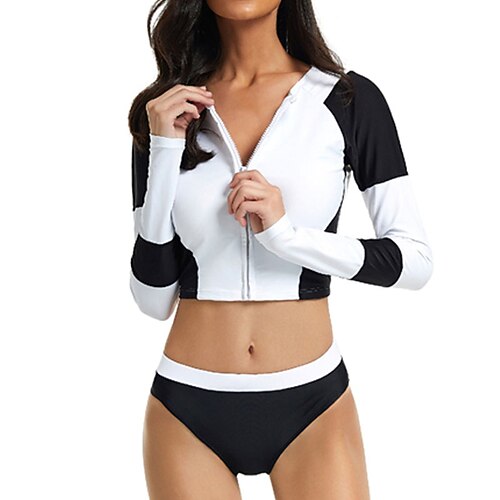 

Women's Swimwear Rash Guard Diving 2 Piece Normal Swimsuit 2 Piece UV Protection High Waist Zipper Color Block White Padded Scoop Neck Bathing Suits New Vacation Holiday / Modern / Padded Bras