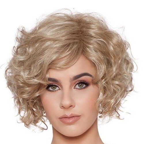 

Short Blonde Curly Wigs for White Women with Side Bangs Fluffy Natural Synthetic Fiber Hair Wig for Daily Party Costume Use