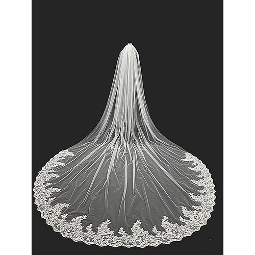 

One-tier Simple / Classic Wedding Veil Cathedral Veils with Appliques 118.11 in (300cm) Lace