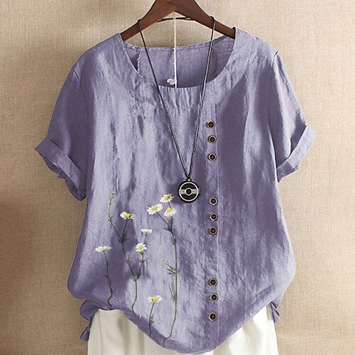 

Women's Plus Size Tops Blouse T shirt Tee Floral Embroidered Print Short Sleeve Crewneck Basic Streetwear Festival Daily Sports Cotton Spring Summer Green Blue