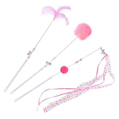 

3Pcs Cat Teaser Wand with Bell Cat Interactive Toys Tassel Cat Catcher Toy Cat Feather Teaser for Cats Kitten Exercise (Pink)