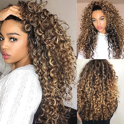 

Human Hair Kinky Curly 4T/27 HD Transparent 13x4 Lace Frontal Human Hair Wig Honey Blonde Lace Front Curly Wig Brown Pre Plucked Curly Wig 150%/180% Density 14 Inch - 26 Inch