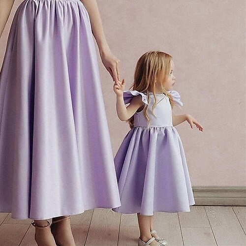 

Wedding Party A-Line Flower Girl Dresses Jewel Neck Tea Length Satin Spring Summer with Pleats Ruffles Cute Girls' Party Dress Fit 3-16 Years