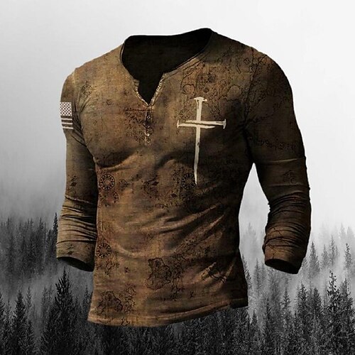 

Men's T shirt Tee Henley Shirt Graphic Cross Henley Brown 3D Print Plus Size Street Casual Long Sleeve Button-Down Print Clothing Apparel Basic Casual Classic Big and Tall