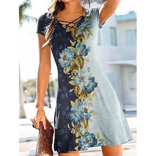 

Women's Shift Dress Knee Length Dress Light Blue Short Sleeve Floral Color Block Print Spring Summer V Neck Casual Classic 2022 S M L XL XXL 3XL