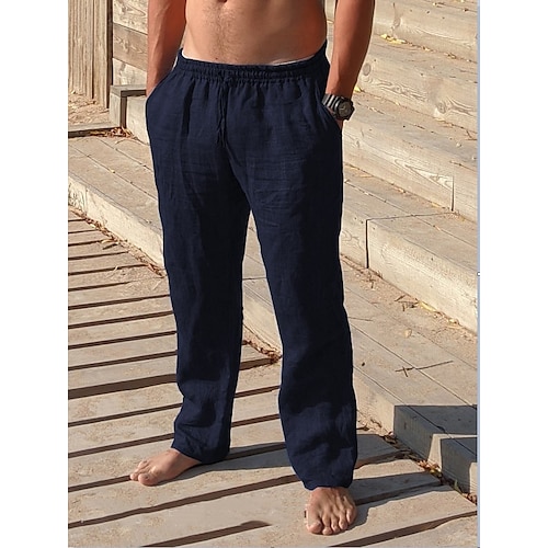 Men's Relaxed-fit Linen Pant With Drawstring Elastic Waist Pockets