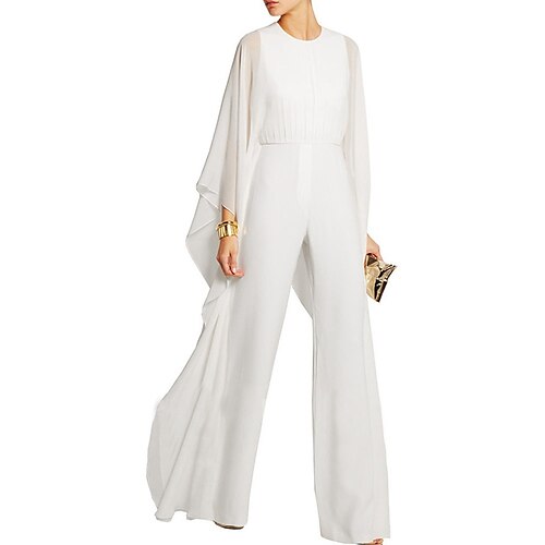 

Jumpsuits Empire Elegant Wedding Guest Formal Evening Dress Jewel Neck Long Sleeve Floor Length Chiffon with Sleek 2022