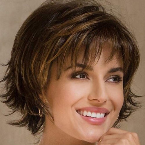 

Black / Blonde Wigs for Women Renershow Short Pixie Cut Brown Wigs for Women Mixed Blonde Curly Wig with Bangs Natural Wavy Synthetic Highlights Wig