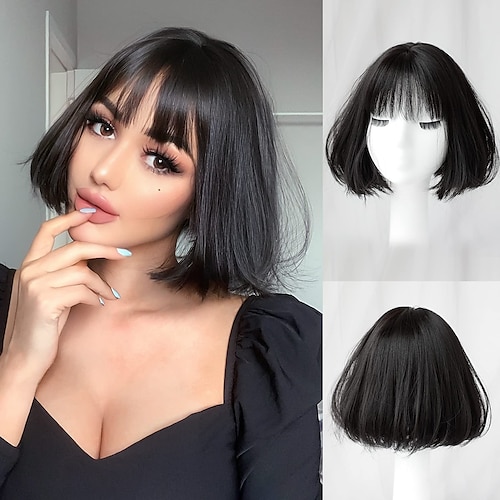 

Black Wig with Bangs Short Straight Bob Wigs for Women 10 Inch Natural Looking Synthetic Hair Replacement Wigs for Daily Party Cosplay Use (Black) ChristmasPartyWigs