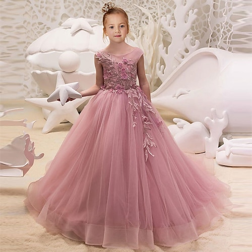 

Party Event / Party Princess Flower Girl Dresses Jewel Neck Sweep / Brush Train Satin Tulle Spring Summer with Beading Appliques Cute Girls' Party Dress Fit 3-16 Years