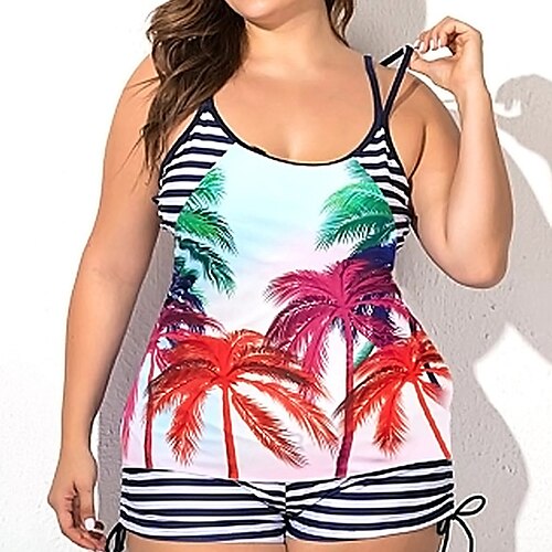 

Women's Swimwear Tankini 2 Piece Plus Size Swimsuit Open Back Printing for Big Busts Striped Coconut Tree Black Purple Camisole Strap Bathing Suits New Vacation Fashion / Modern / Padded Bras