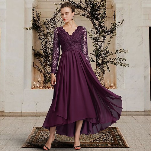 

A-Line Mother of the Bride Dress Elegant V Neck Asymmetrical Ankle Length Chiffon Lace Long Sleeve with Pleats 2022