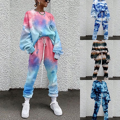 

Women's Sweatshirt Tracksuit Pants Sets Streetwear Cinched Pink Dark Green Going out Casual Daily Tie Dye Drawstring Print Crew Neck S M L XL XXL / Loose Fit