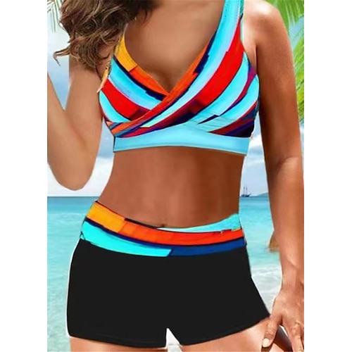 

Mulheres Roupa de Banho Biquíni 2 partes Normal roupa de banho Sem costas Estampado Listrado Azul Cortar parte superior Decote em V-wire Fatos de banho novo Férias Sensual / Moderno / Com Bojo