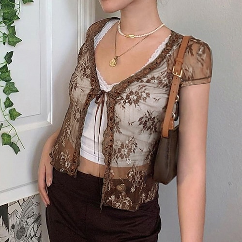 

Women's Shrug Jumper Knit Cropped Lace up Embroidery Floral V Neck Stylish Casual Outdoor Daily Spring Summer Green Red S M L / Regular Fit / Going out