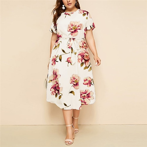 

Women's Plus Size Party Dress Floral Crew Neck Print Short Sleeve Fall Spring Casual Prom Dress Midi Dress Daily Holiday Dress