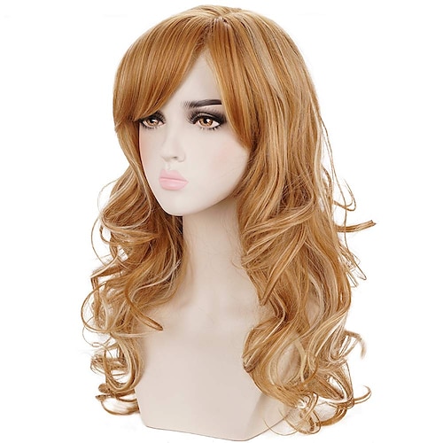 

Long Curly Wavy Strawberry Blonde Highlights Natural Synthetic Hair Wigs with Bangs for Women Daily Wear Cosplay Halloween