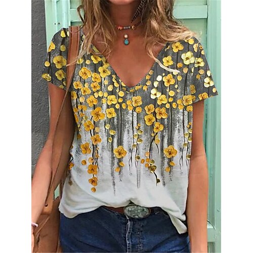

Women's T shirt Tee White Floral Plants Short Sleeve Casual Daily Basic V Neck Regular Floral S / 3D Print