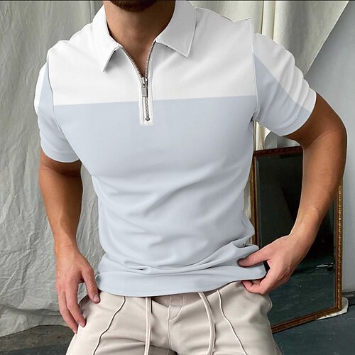 

Men's Golf Shirt Color Block Turndown Casual Daily Zipper Print Short Sleeve Tops Casual Fashion Comfortable Sports Light Blue