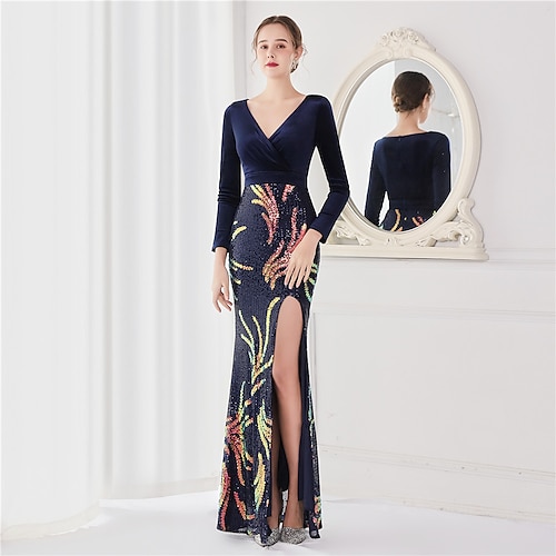 

Mermaid / Trumpet Evening Dresses Elegant Dress Wedding Guest Floor Length Long Sleeve V Neck Sequined V Back with Sequin Slit 2022 / Formal Evening