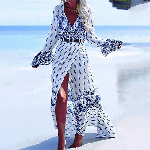 

Women's Casual Dress Swing Dress Long Dress Maxi Dress White Long Sleeve Lace up Winter Fall Autumn V Neck Winter Dress Weekend Fall Dress 2022 One-Size