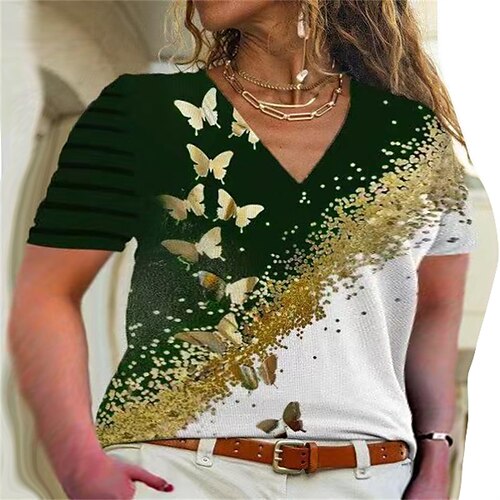 

Women's Plus Size Tops T shirt Tee Animal Butterfly Print Short Sleeve V Neck Casual Holiday Daily Going out Polyester Spring Summer Green Black