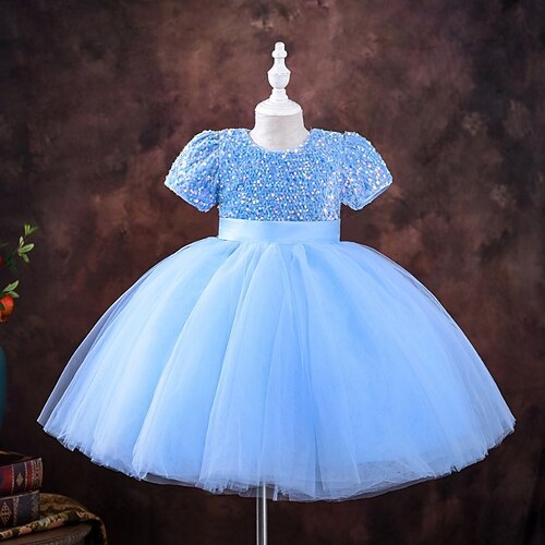 

Kids Girls' Dress Solid Colored A Line Dress Midi Dress Party Sequins Short Sleeve Cute Dress 2-8 Years Fall Pink Red Light Blue