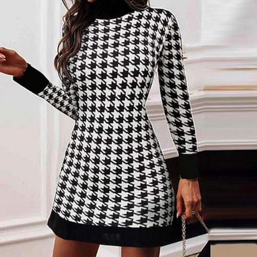 

Women's Black Long Sleeve Houndstooth Patchwork Winter Fall Autumn Crew Neck Modern Winter Dress Weekend Fall Dress 2022 S M L XL