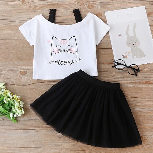 

2 Pieces Kids Girls' T-shirt & Skirt T-shirtSet SkirtSet Outfit Animal Cat Letter Short Sleeve Ruched Cotton Set Outdoor Cute Daily Spring Summer 2-6 Years Black