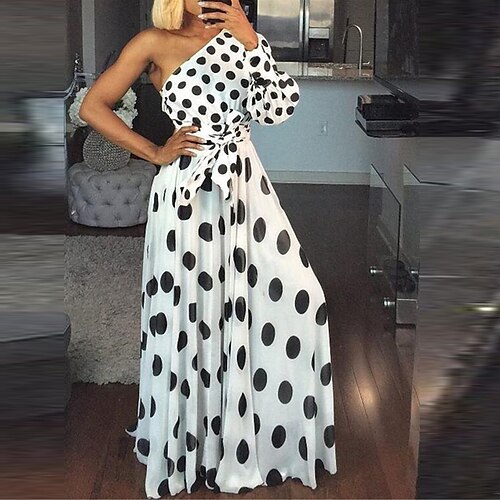 

Women's Casual Dress Swing Dress Long Dress Maxi Dress White Long Sleeve Polka Dot Lace up Winter Fall Autumn One Shoulder Modern Winter Dress Weekend Fall Dress 2022 S M L XL