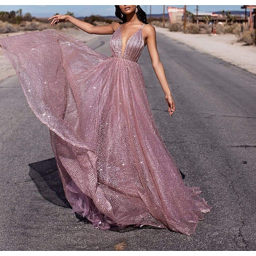 

A-Line Prom Dresses Sparkle Dress Prom Court Train Sleeveless V Neck Tulle with Pleats Sequin 2022 / Formal Evening / Sparkle & Shine