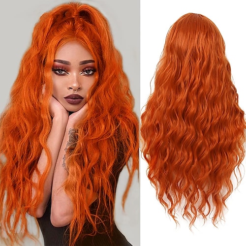 

Orange Wig for Women Long Wavy Curly Wig Middle Part Synthetic Heat Resistant Fiber 25 inches Daily Party Repalcement Wigs ChristmasPartyWigs