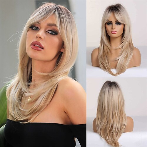 

Long Curly Blonde Women's Wigs Shoulder-Length Synthetic Wigs for Women with Bangs Black Root Light-Blonde Hair Wigs for White Women