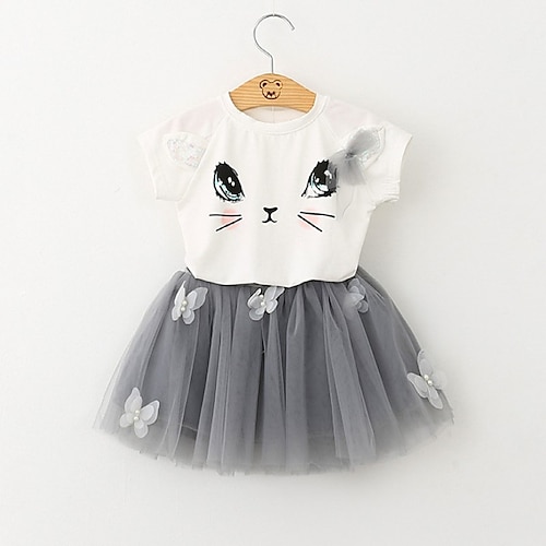 

2 Pieces Kids Girls' T-shirtSet SkirtSet Clothing Set Outfit Animal Cat Butterfly Short Sleeve Ruched Cotton Set Outdoor Cute Sweet Fall Summer 2-6 Years Pink White