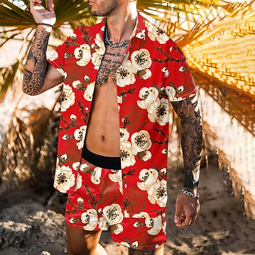 

Men's Shirt Set Summer Hawaiian Shirt Floral Turndown Red 3D Print Outdoor Casual Short Sleeve 3D Print Button-Down Clothing Apparel Fashion Casual Hawaiian Comfortable / Spring