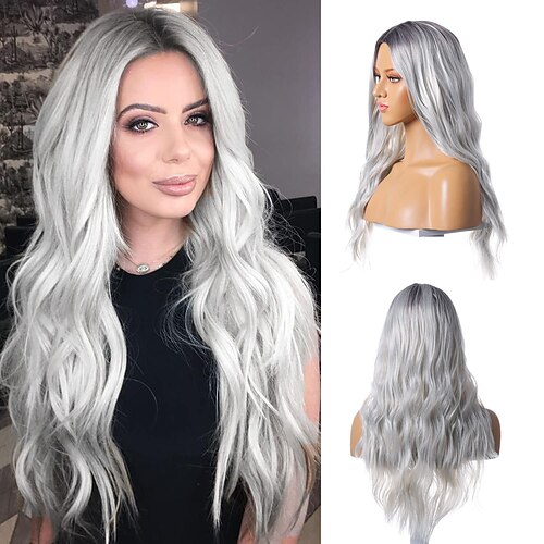 

Long Wavy Wigs Ombre Platinum Blonde Wig for Women Middle Part Curly Wigs 26 Inches Gray Wigs White Blonde Full Wigs Ash Silver Wigs for Daily Party Cosplay Halloween