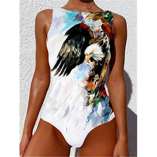 

Women's Swimwear One Piece Monokini Bathing Suits Plus Size Swimsuit Tummy Control Slim Printing for Big Busts Eagle Animal White Blue Purple Yellow Scoop Neck Bathing Suits New Vacation Fashion