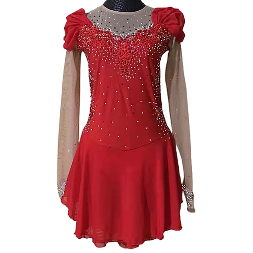 

Figure Skating Dress Women's Girls' Ice Skating Dress Outfits Red Mesh Spandex High Elasticity Competition Skating Wear Handmade Crystal / Rhinestone Long Sleeve Ice Skating Figure Skating / Winter