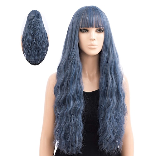 

Blue Wigs Long Curly Wig with Bangs for Women Natural Looking Heat Resistant Long Mix Blue Wavy Wig for Girls Ladies Cosplay Party Daily Wear