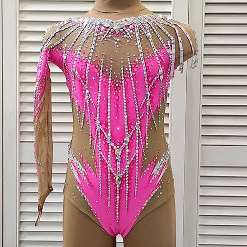 

Rhythmic Gymnastics Leotards Artistic Gymnastics Leotards Women's Girls' Leotard Mesh Spandex High Elasticity Handmade Long Sleeve Competition Dance Rhythmic Gymnastics Artistic Gymnastics Pink