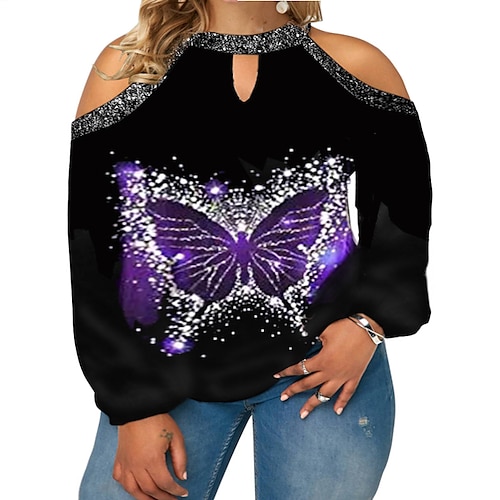 

Women's Plus Size Tops T shirt Tee Floral Striped Sequins Print Long Sleeve Crewneck Basic Streetwear Daily Going out Cotton Fall Spring White Black / Cat / Butterfly