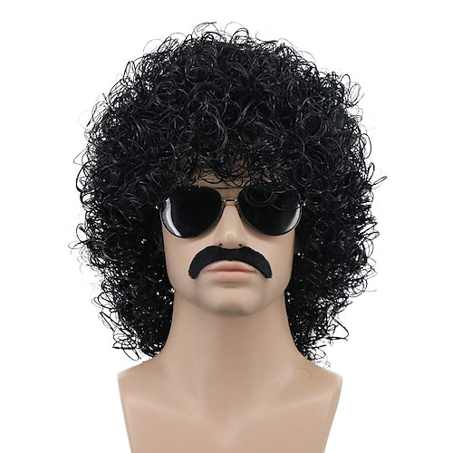 

Funny mens Wig 70S 80S Wig Rock Wig Mens Short Curly Black Rocker Mustache Beard Wig California Cosplay Wig Anime Party Wig (Only Wig without Glasses)